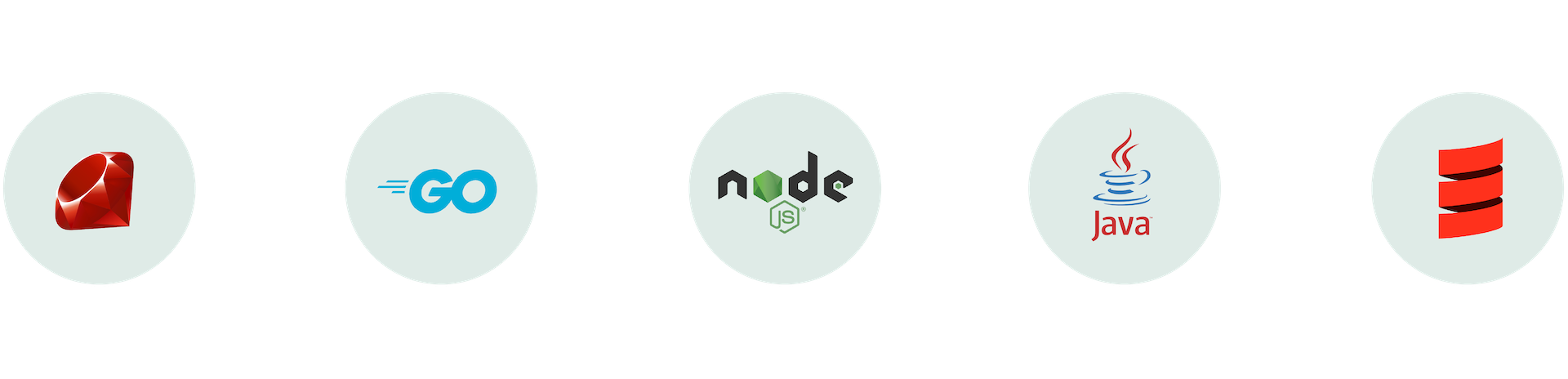 Logos of the programming languages Ruby, Go, Node.js, Java, Scala