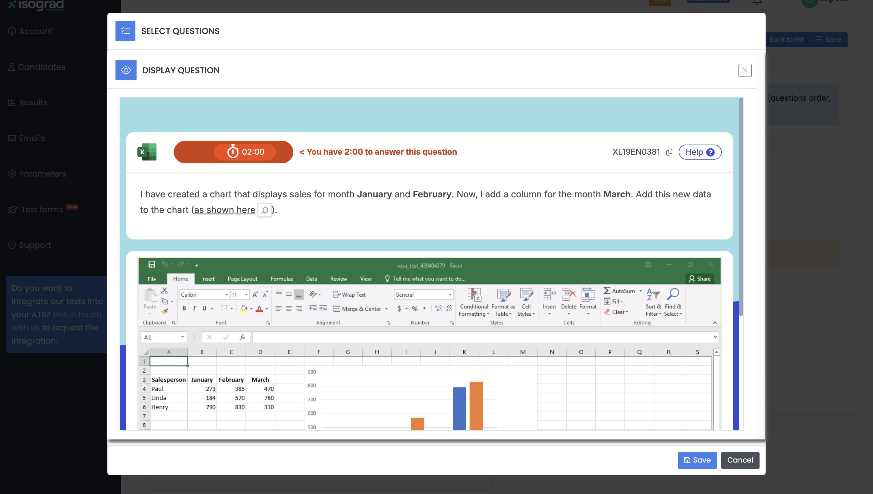 Screenshot of the Isograd interface with a preview of an immersive question directly in Excel software, with instructions and a timer to answer the question