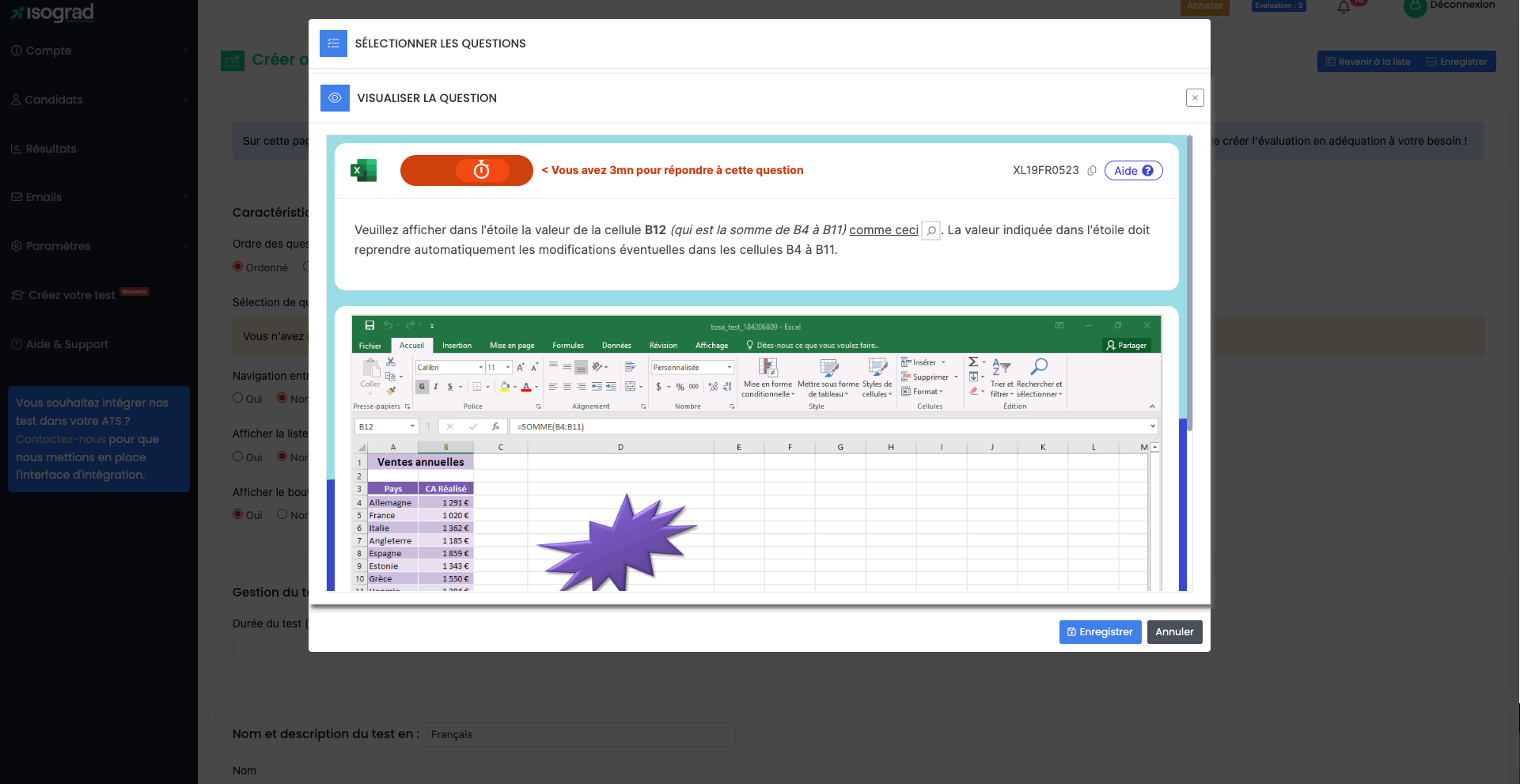 Capture d'écran de l'interface Isograd avec un aperçu d'une question immersive directement dans le logiciel Excel avec instructions et un minuteur pour répondre à la question