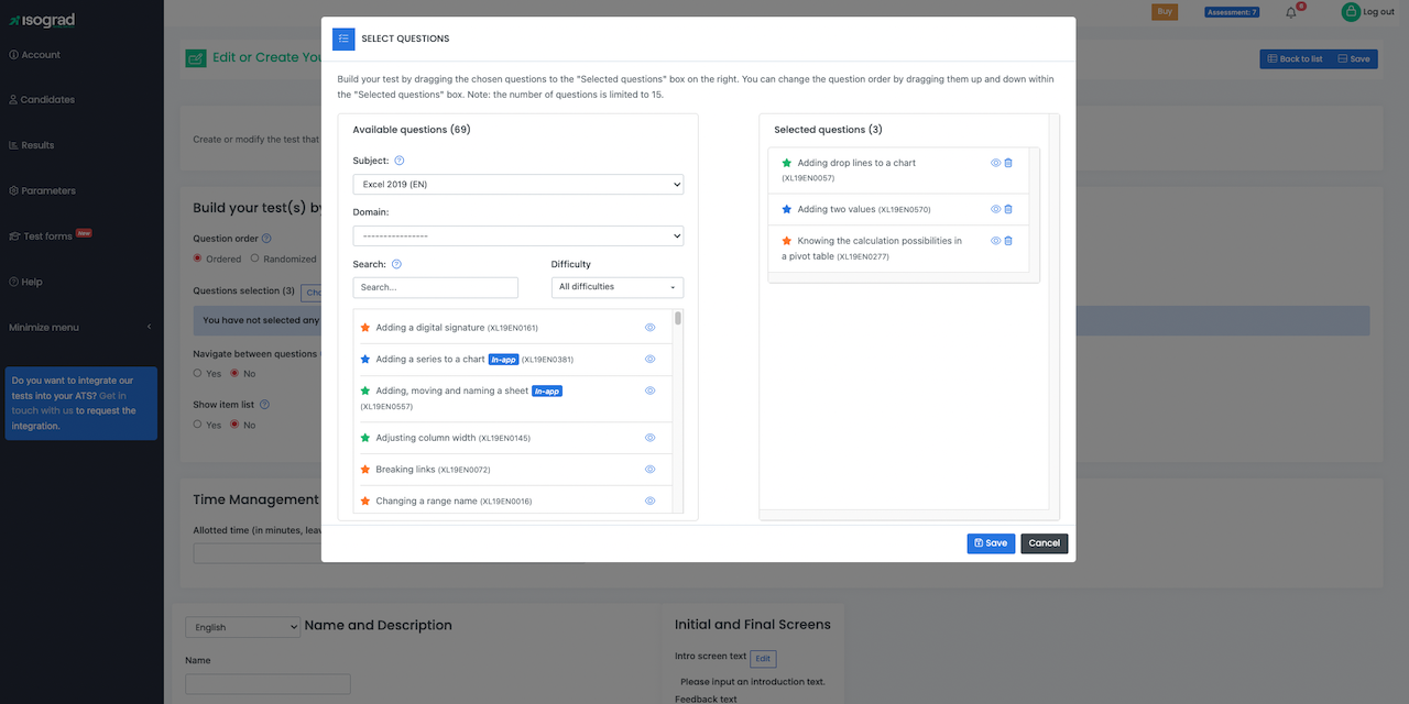 Screenshot showing the question selection interface with filters by subject, domain, and difficulty. Available and selected questions are visible, with options to add or organize questions