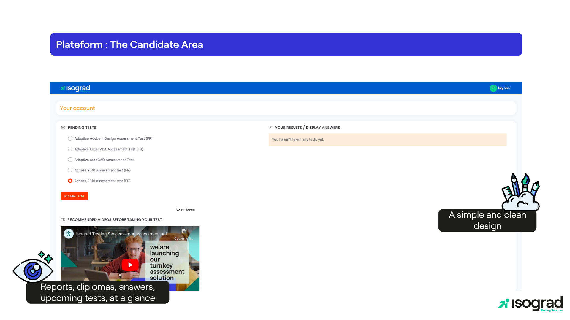 Candidate's portal on the assessment platform with reports, certificates, corrections, and tests available at a glance