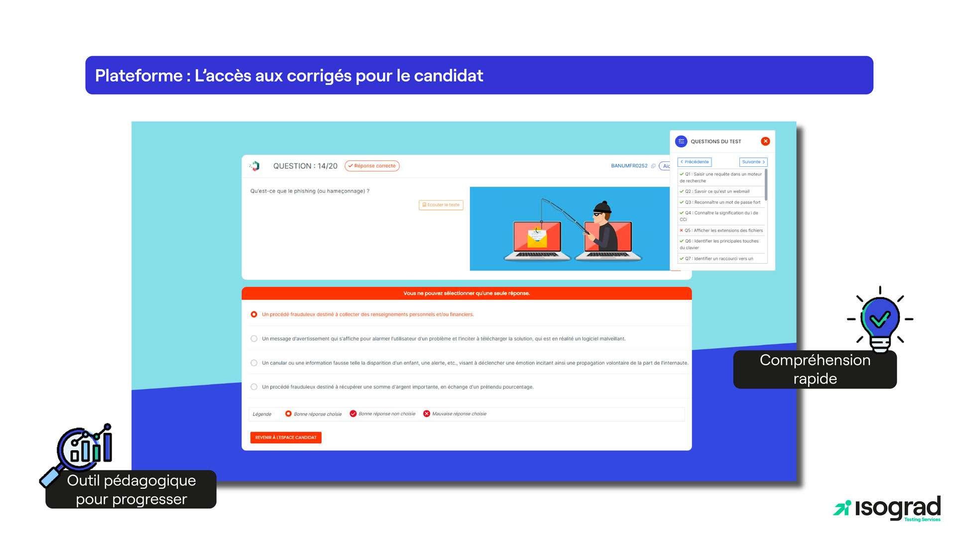Accès au corrigé pour le candidat et outil pédagogique de progression