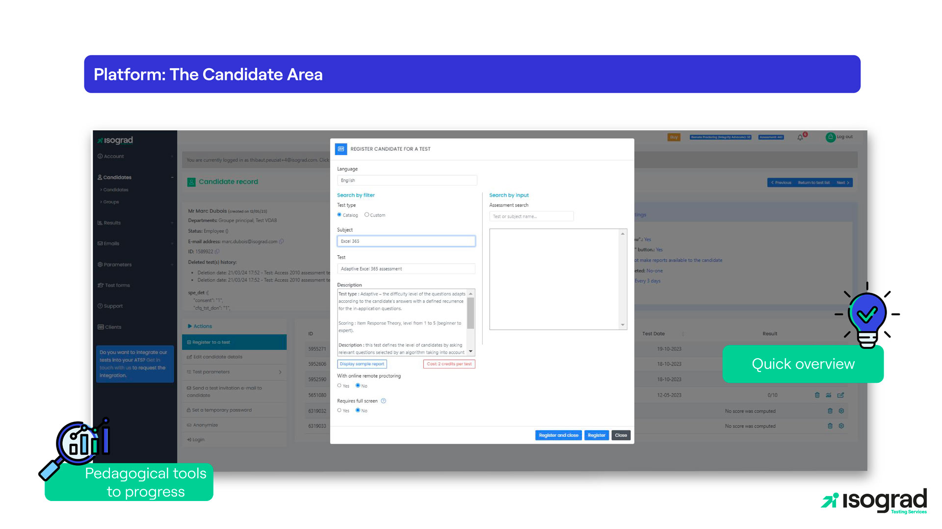 Candidate registration for a standard or personalized test in just a few clicks